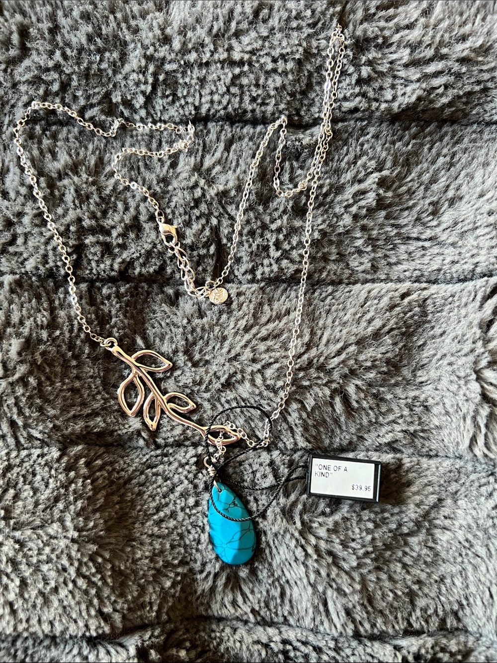 Silver Leaf Pendant Necklace with Turquoise Teardrop Accent